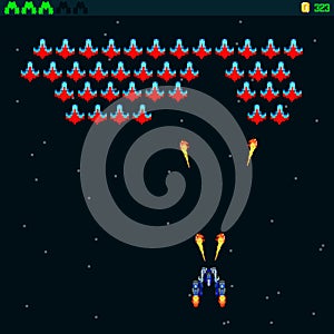 Retro video game, screen, arcade space warships, shooting, background map, vector graphic design illustration. 16 bit, 8 bit . Spa photo